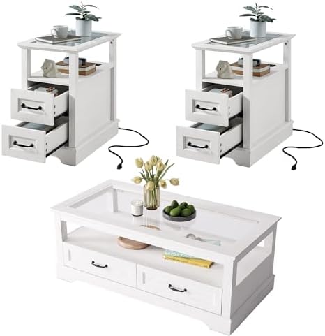 LINSY HOME Modern Coffee Table Sets 3 Pieces, Living Room Table Set Include 47" Coffee Table, End Table Set of 2, White (3, Narrow End Table)