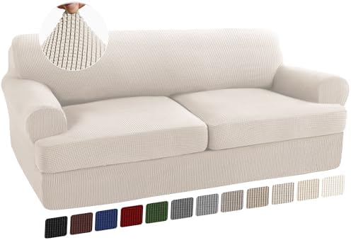 Turquoize 3 Piece T Cushion Sofa Slipcovers Sofa Cover for T Cushion Sofa Couches Stretch Couch Cover Furniture Covers with 2 Individual T Cushion Covers, Machine Washable (2 Cushion Sofa, Ivory)