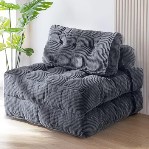 MAXYOYO Folding Sofa Bed, Convertible Sleeper Chair with Pillow Foldable Mattress with Back Support, Portable Fold Out Chair Bed Comfy Floor Sofa Lounge for Living Room Bedroom, Dark Grey, Single