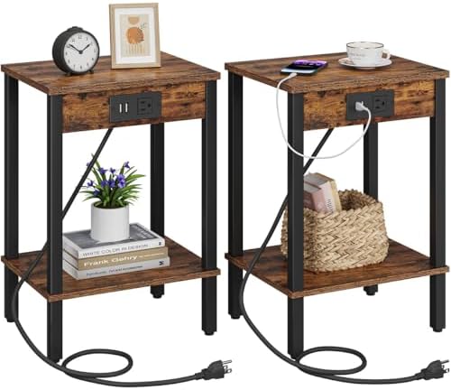 Set of 2 End Table with Charging Station, Narrow Side Table with USB Ports and Outlets, Nightstands with 2-Tier Storage Shelves, Sofa Table for Small Space Living Room Bedroom
