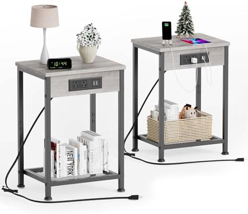 Fixwal End Tables Set of 2 with Charging Station, Nightstands with U-S-B Ports and Power Outlets (Light Walnut Gray)
