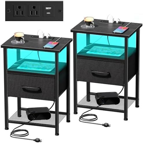 Nightstands Set of 2 with Charging Station and Drawer, End Table Bedside Table with 20 Colors LED Light Strip and 2 Layers Shelf for Bedroom Living Room Sofa Couch (Black)