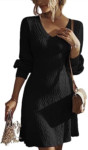Dokotoo Work Dresses for Women 2024 Trendy Fall Dresses V Neck Knit A Line Long Sleeve Dress Sweater Dress