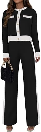 PRETTYGARDEN Women's 2 Piece Outfits Long Sleeve Button Down Color Block Cardigan Sweater Sets Wide Leg Pant Lounge Set