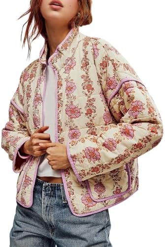 Wyeysyt Women's Cropped Puffer Jacket Lightweight Floral Print Long Sleeve Padded Quilted Puffy Cardigan Coat