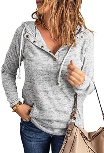 Dokotoo Womens 2023 Fashion Fall Button Collar Drawstring Stitching Sweatshirts Hoodies Pullover