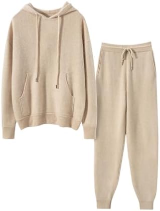 Women's Cashmere and Australian Wool Blend 2 Pieces Casual Knit Hoodie Sweater Slim Fit Pants Set for Fall/Winter