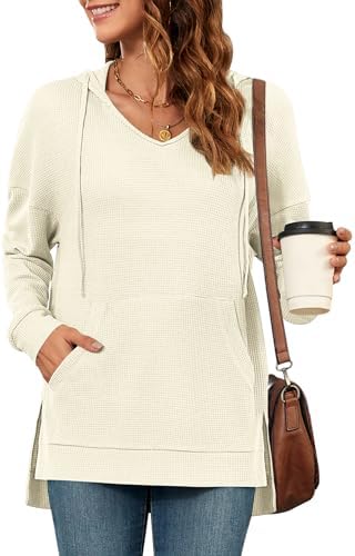 MOLERANI Hoodies for Women 2024 Casual Long Sleeve Waffle Knit Drawstring Side Split Pullover Sweatshirts with Pocket