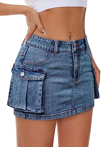Women Denim Cargo Skirt Mini Low Waist Button Bodycon Y2K Flap Pockets Skirts