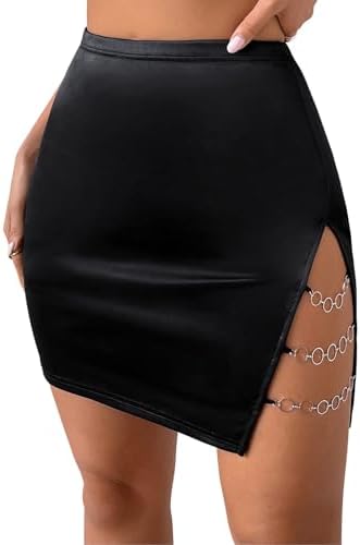 Verdusa Women's High Waist Chain Solid Slit Hem Satin Pencil Bodycon Mini Skirt