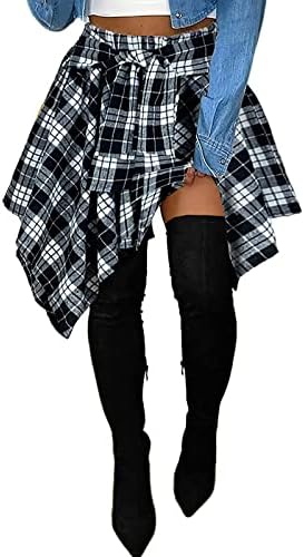 Women's Plaid Skorts Skirts - High Waisted Tie Front Pleated Summer Asymmetrical Skirt with Shorts