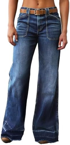 Flamingals Wide Straight Leg Mid Rise Baggy Pocket Denim Jeans Without Belt