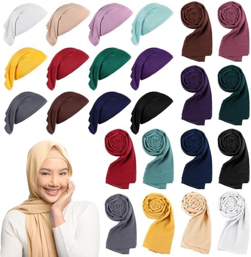 24 Pcs Muslim Hijab Scarves for Women with Under Scarf Cap Chiffon Shawl Islamic Caps with Tie Back Closure