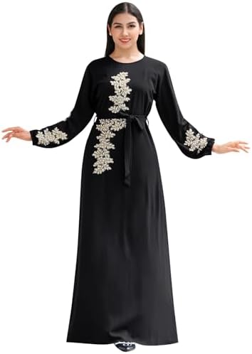 IBAKOM Abaya Dress for Women Floral Embroidery Muslim Robe Eid Ramadan Prayer Islamic Clothes Dubai Attire Turkish Jalabiya