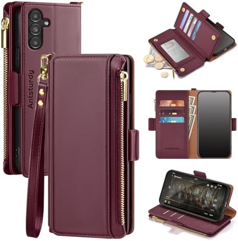Antsturdy for Samsung Galaxy A54 5G Wallet case with Card Holder,Galaxy A54 Phone case RFID Blocking PU Leather Flip Shockproof Cover with Strap Zipper Credit Card Slots,for Women Men,Wine Red