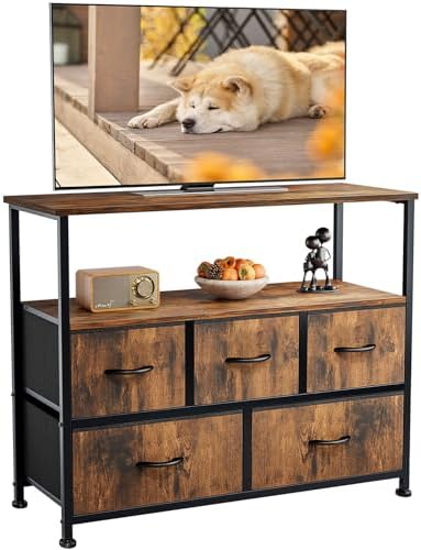 DUMOS TV Stand Dresser for Bedroom with 5 Fabric Drawer,Entertainment Center for 45 inch Television, Media Console Table with Storage, Open Shelf, Adjustable Feet, Living Room Furniture, Brown