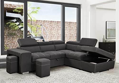 THSUPER 104'' Microfiber Sectional Sleeper Sofa with Pull-Out Bed, Chaise & Storage Ottoman. 5 Seater L-Shaped Couch with Adjustable Headrest and Stools. Perfect for Living Room. Grey Color.