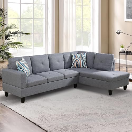 L-Shaped Sectional Sofa Set Luxurious Flannelette 5-seat Couches, Right Facing Chaise with Pillows, Perfect for Modern Living Room, Apartment, Grey