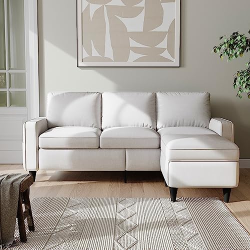 Convertible Sectional Sofa Couch, 3Seat L-Shaped Sectional Sofa Couch,Beige Linen Sofa Couch Furniture Set with Reversible Storage Ottoman & Storage Pocket for Living Room Apartment Small Space