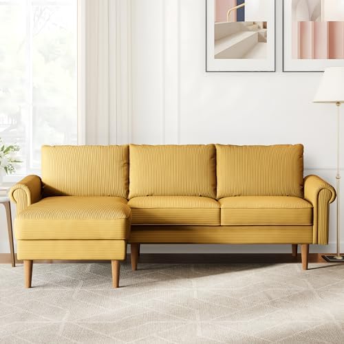 ovios 81.5" L-Shape Sofa Couch with Chaise, 3-Seats Sofa with Deep Seat, Corduroy Couches with Comfy Cushion for Living Room Apartment, Left Chaise, Yellow