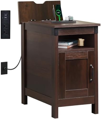WLIVE Narrow End Table with Charging Station, Narrow Side Table for Living Room, Small Spaces, Couch, Narrow Night Stand with Storage, USB Ports and Outlets, Espresso